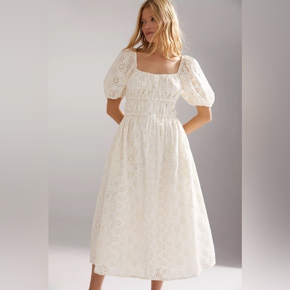 En Saison x Anthropologie Off-Shoulder Cream Midi Eyelet Dress Puff Sleeve - Picture 5 of 14